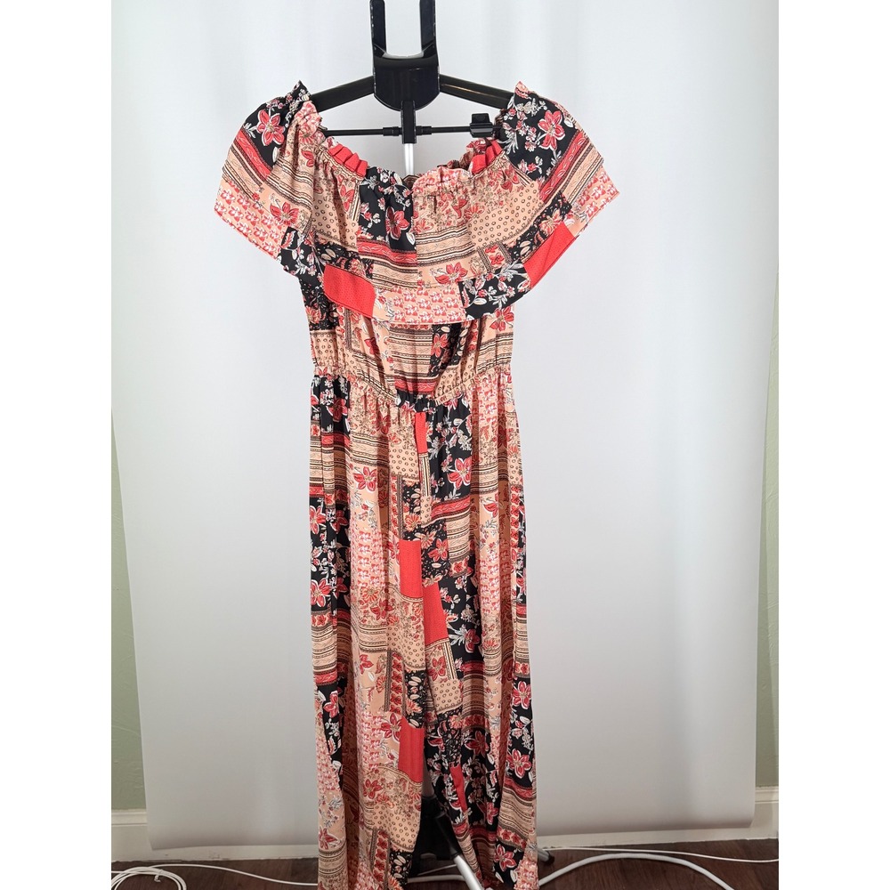 Umgee USA Mixed Floral Patchwork Off Shoulder Wide Leg Jumpsuit Red Black S